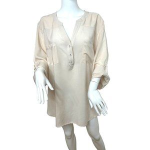 Philosophy Woman Tunic Top Beige 2X Roll Tab Long Sleeve Band Collar Pockets